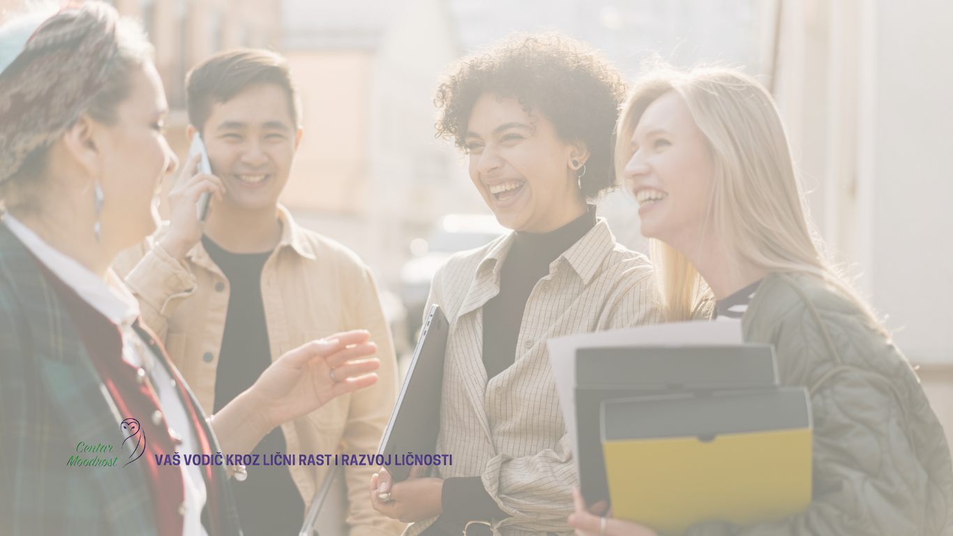 Smiling people talking in the circle